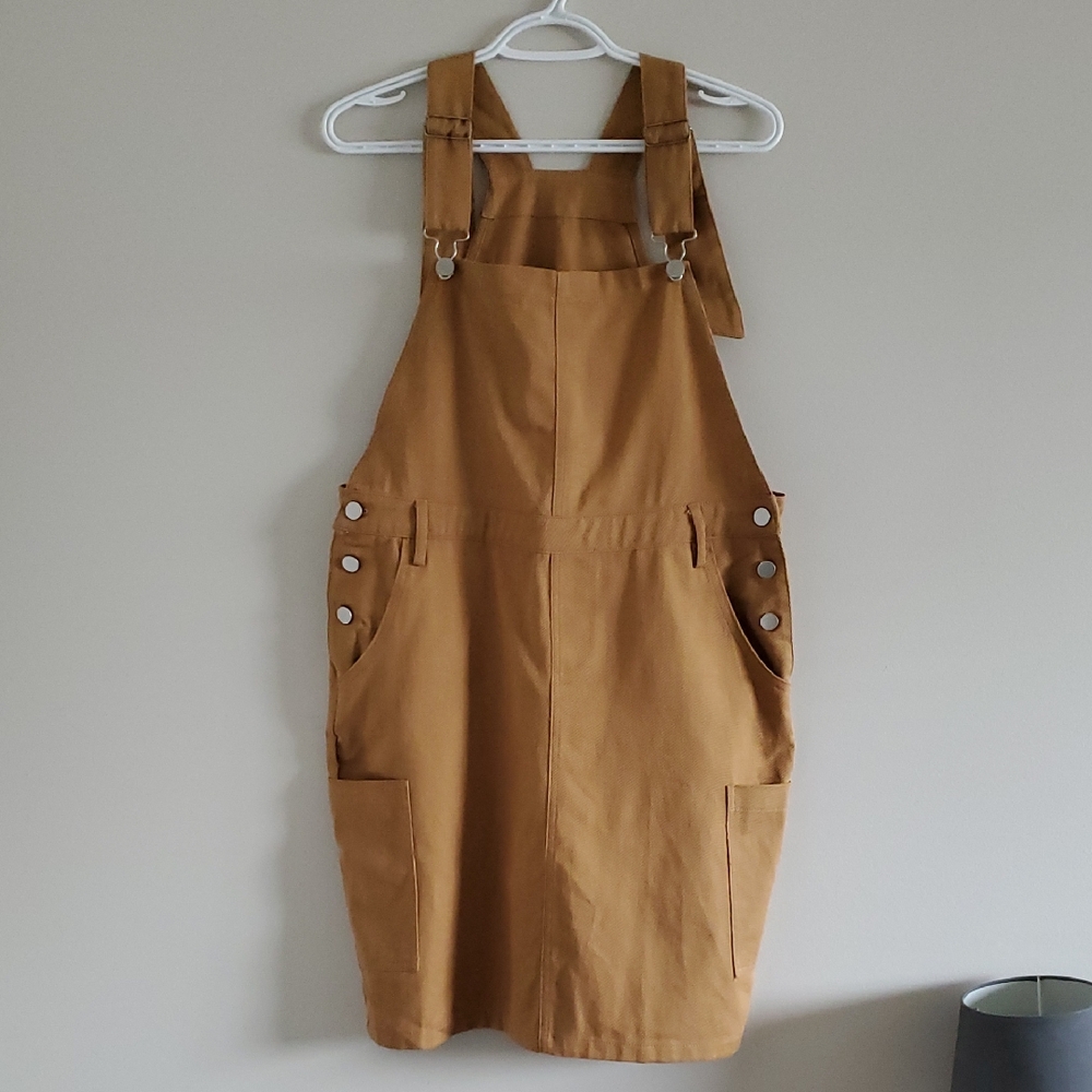 New HYFVE Camel Overall Oversized Cotton Denim Dress with Button Details Sz M